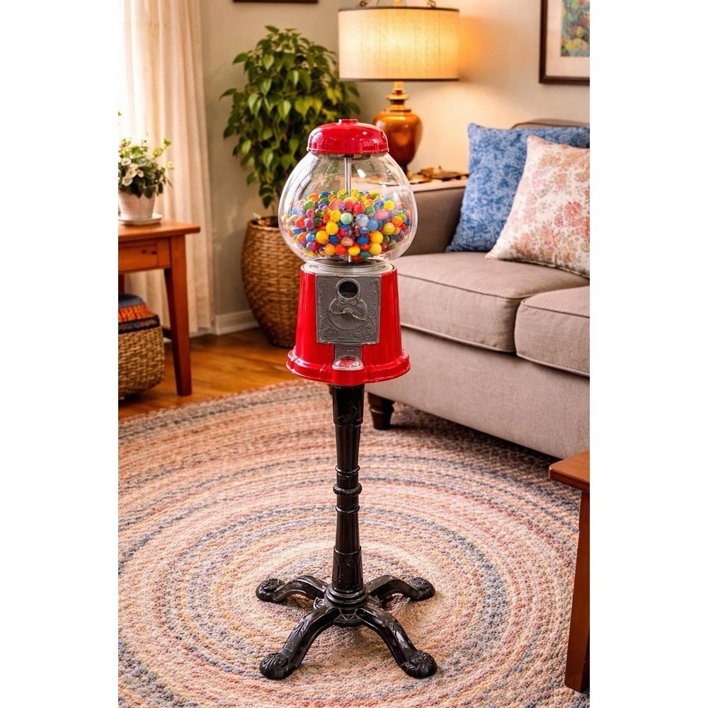 Vintage Carousel 35" Tall Standing Gum Ball Machine Taiwan Red Black Cast Iron
